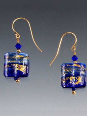 Rare 14K gold cobalt Venetian glass waves topped with cobalt Swarovski crystals, 14K rondels and earwires. 1" 