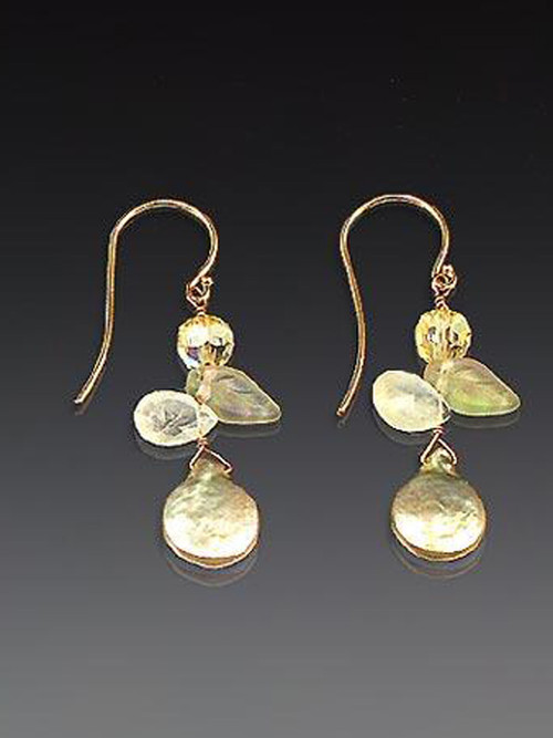 These delightful and delicate earrings feature sage freshwater pearls, tourmalated quartz, Czech glass leaves, Swarovski crystals and 14K earwires.  1"

 