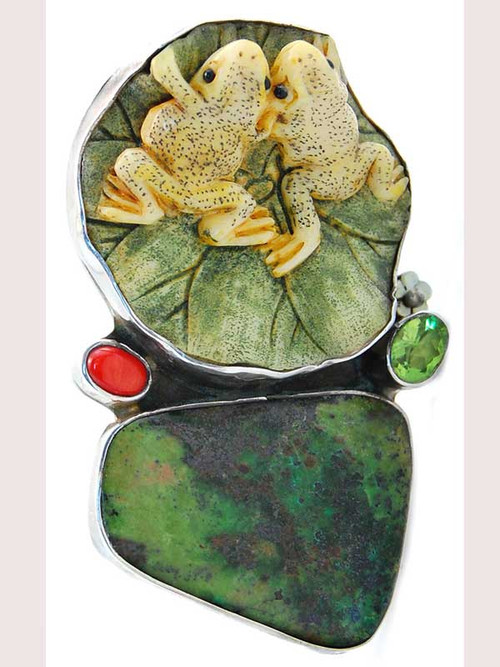 Vintage Amy Kahn Russell sterling silver pin/pendant featuring a large multi-green African stone, coral and peridot cabochons.