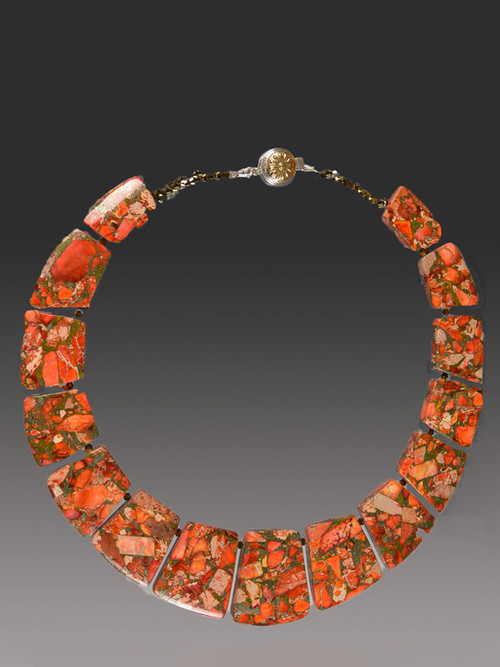 This collar of intricately patterned orange sea-sediment jasper with pyrite highlights brightens every outfit. 18"