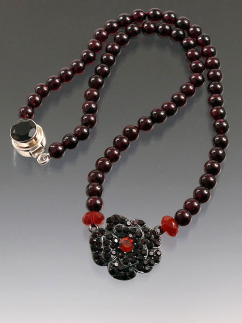 Vintage French flower necklace with tiny crystals set in black metal - a  limited edition necklace!  18"