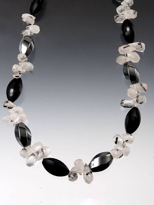 Amazing Onyx Hematite Tourmaline Quartz Briolette Necklace.