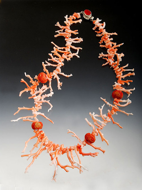 Rare and precious angelskin natural pink white branch coral necklacewith sponge coral stations