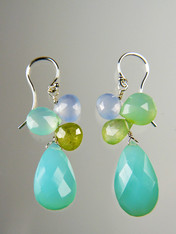 Welcome spring with these deep aqua faceted chalcedony oval earrings topped with green garnet precious clusters. Sterling Earwires 1-1/4"