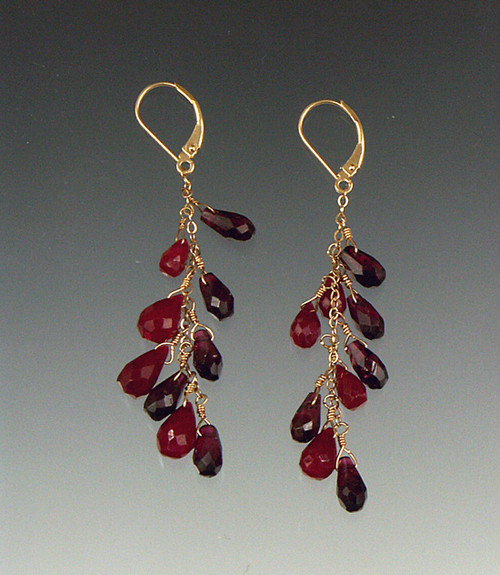 Elegant ruby and garnet briolettes dangle on a 14K chain 2"