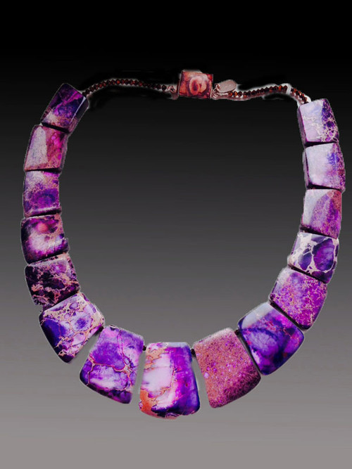 This collar of intricately patterned multi-toned lilac-purple sea-sediment jasper with pyrite highlights brightens every outfit and fits your neck to perfection.  It features tiny Dorado Swarovski crystals and a vintage sterling brass dome or mineral clasp. 18"