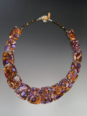 This stunning collar features vivid purple jasper blended with copper, amber, and gold tones, and a vintage brass sterling silver limited edition dome clasp Totally striking and perfect for now.  18"  No two exactly alike but each one simply beautiful.
