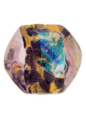 This sparkling freeform pebble bead features a center wrapped in 24kt gold foil with sprinkles of Aventurina and highlights of dichroic which is then wrapped in a heavy coating of pale Rosato, a pink Murano Glass and hand shaped into a six sided pebble.  These are very rare and labor intensive