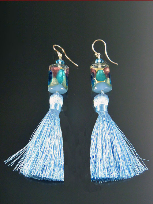 These miniature pale blue,aqua 24K arlecchinno cubes with 2" pale blue silk tassels make a dramatic statement on their own or paired with the matching tassel necklace. More colors coming
