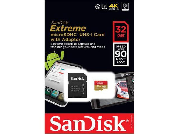 SanDisk Extreme 32GB microSDHC Class 10, U3 Up to 90MB/s Speed