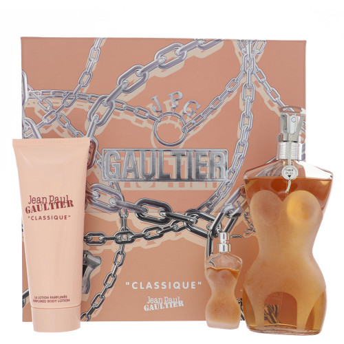 Classique By Jean Paul Gaultier 3 Piece Gift Set - 3.4 Oz Eau De Toilette Spray, 0.2 Oz Eau De Toilette Splash, 2.5 Oz Body Lotion For Women - Gift Set (8435415098946)
