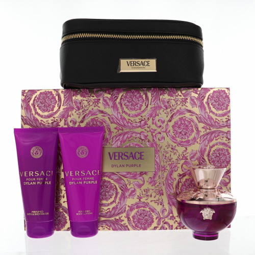Versace Dylan Purple By Versace 4 Piece Gift Set - 3.4 Oz Eau De Parfum Spray, 3.4 Oz Bath & Shower Gel, 3.4 Oz Body Lotion,  Small Beauty Case For Women - Gift Set (8011003893423)
