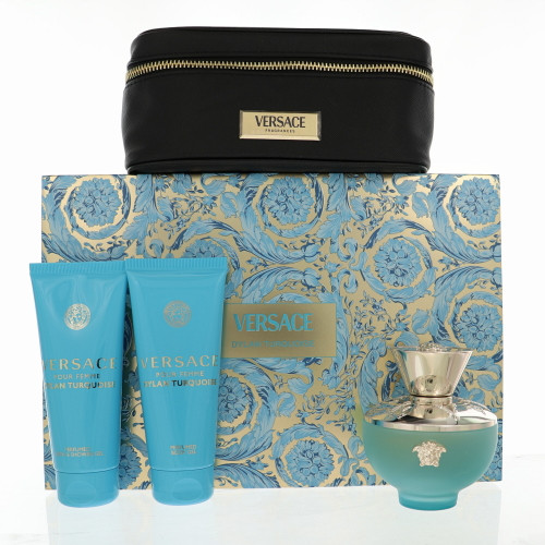 Dylan Turquoise By Versace 4 Piece Gift Set - 3.4 Oz Eau De Toilette Spray, 3.4 Oz Bath & Shower Gel, 3.4 Oz Body Gel,  Small Beauty Case For Women - Gift Set (8011003885008)