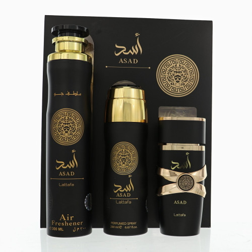 Asad By Lattafa 3 Piece Gift Set - 3.4 Oz Eau De Parfum Spray, 6.67 Oz Perfumed Spray, 10.0 Oz Air Freshener For Men - Gift Set (6290362341192)
