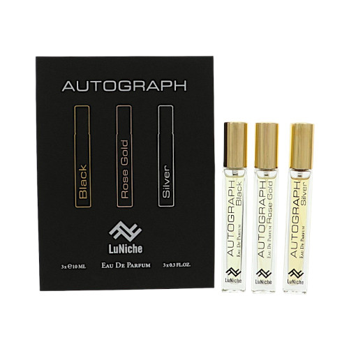 Autograph Discovery Set By Luniche 3 Piece Set For Unisex: 0.3 Oz Black Eau De Parfum Spray, 0.3 Oz Rose Gold Eau De Parfum Spray, 0.3 Oz Silver Eau De Parfum Spray For Unisex - Gift Set (850068869213)