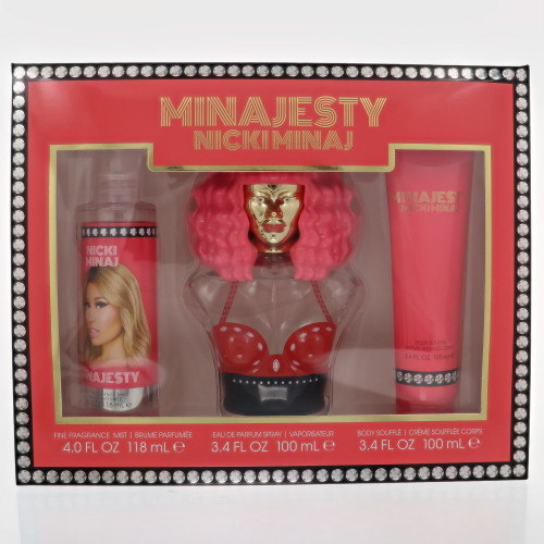 Minajesty By Nicki Minaj 3 Piece Set For Women: 3.4 Oz Eau De Parfum Spray, 4 Oz Fragrance Mist, 3.4 Oz Body Souffle For Women - Gift Set (810101505430)