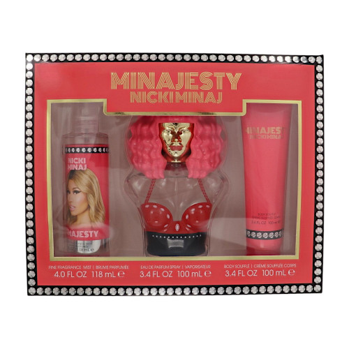 Minajesty By Nicki Minaj 3 Piece Set For Women: 3.4 Oz Eau De Parfum Spray, 4 Oz Fragrance Mist, 3.4 Oz Body Souffle For Women - Gift Set (810101505430)