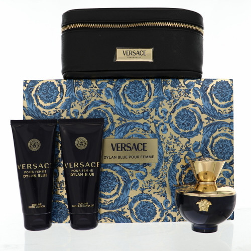 Versace Pour Femme Dylan Blue By Versace 4 Piece Gift Set - 3.4 Oz Eau De Parfum Spray, 3.4 Oz Bath & Shower Gel, 3.4 Oz Body Lotion,  Small Beauty Case For Women - Gift Set (8011003893362)