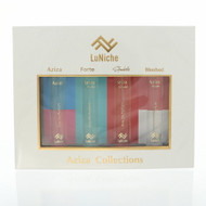 Aziza By Luniche 4 Piece Set For Unisex: 0.3 Oz Aziza Eau De Parfum Spray, 0.3 Oz Aziza Forte Eau De Parfum Spray, 0.3 Oz Aziza Strawbelle Eau De Parfum Spray, 0.3 Oz Aziza Blushed Eau De Parfum Spray For Unisex - Gift Set (850068869527)