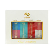 Aziza By Luniche 4 Piece Set For Unisex: 0.3 Oz Aziza Eau De Parfum Spray, 0.3 Oz Aziza Forte Eau De Parfum Spray, 0.3 Oz Aziza Strawbelle Eau De Parfum Spray, 0.3 Oz Aziza Blushed Eau De Parfum Spray For Unisex - Gift Set (850068869527)