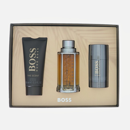 Boss The Scent By Hugo Boss 3 Piece Gift Set - 3.3 Oz Eau De Toilette Spray, 3.3 Oz Shower Gel, 2.4 Oz Deodorant Stick For Men - Gift Set (3616305265210)