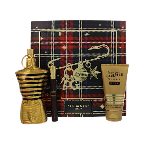 Le Male Elixir By Jean Paul Gaultier 3 Piece Set For Men: 4.2 Oz Parfum Spray, 0.34 Oz Parfum Spray, 2.5 Oz All-Over Shower Gel For Men - Gift Set (8435415113168)