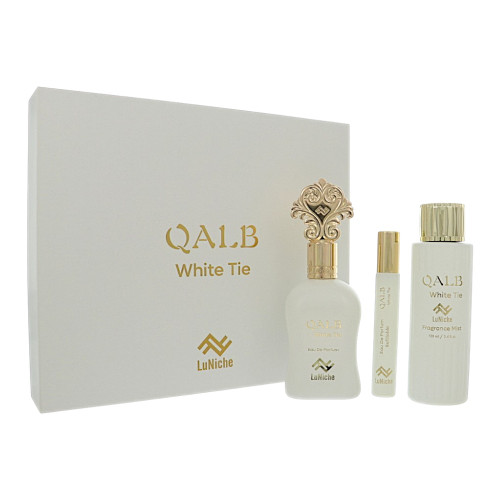 Qalb White Tie By Luniche 3 Piece Set For Unisex: 3.4 Oz Eau De Parfum Spray, 0.3 Oz Eau De Parfum, 3.4 Oz Fragrance Mist For Unisex - Gift Set (850068869473)