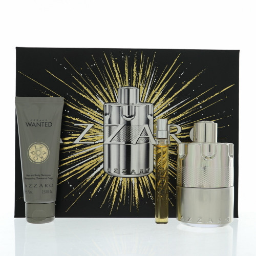 Wanted By Azzaro 3 Piece Set For Men: 3.38 Oz Eau De Parfum Spray, 0.33 Oz Eau De Parfum Spray, 2.53 Oz Shampoo For Men - Gift Set (3614274306446)