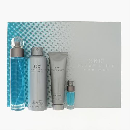 360 Degrees By Perry Ellis 4 Piece Set For Men: 3.4 Oz Eau De Toilette Spray, 0.25 Oz Eau De Toilette Spray, 3 Oz Shower Gel, 6 Oz Deodorizing Body Spray For Men - Gift Set (844061016767)