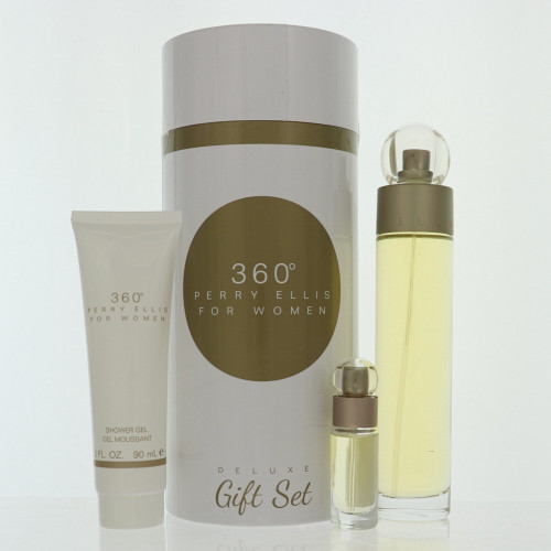 360° By Perry Ellis 3 Piece Set For Women: 3.4 Oz Eau De Toilette Spray, 0.25 Oz Eau De Toilette Spray, 3 Oz Shower Gel For Women - Gift Set (844061014763)