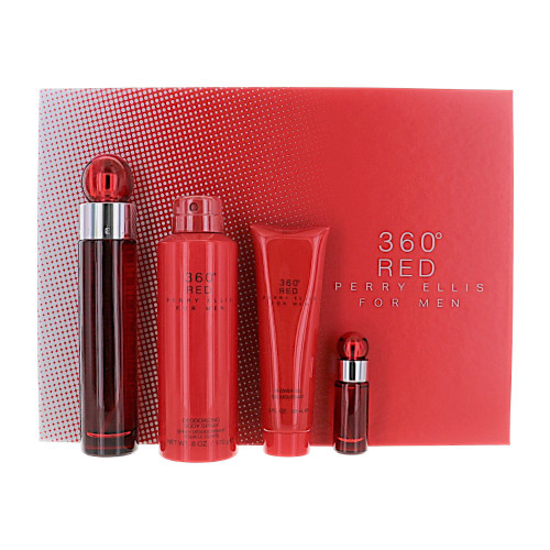 Perry Ellis 360 Red By Perry Ellis 4 Piece Set For Men: 3.4 Oz Eau De Toilette Spray, 0.25 Oz Eau De Toilette Spray, 6 Oz Deodorizing Body Spray, 3 Oz Shower Gel For Men - Gift Set (844061015678)