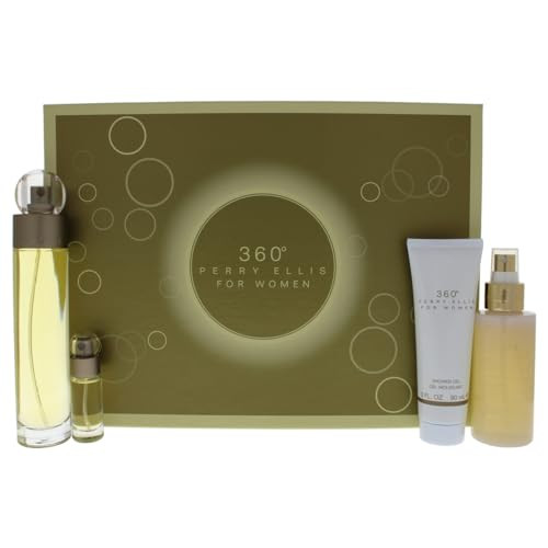 360° By Perry Ellis 4 Piece Set For Women: 3.4 Oz Eau De Toilette Spray, 0.25 Oz Eau De Toilette Spray, 4 Oz Body Mist Spray, 3 Oz Shower Gel For Women - Gift Set (844061015531)