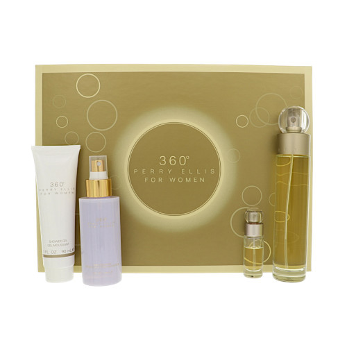360° By Perry Ellis 4 Piece Set For Women: 3.4 Oz Eau De Toilette Spray, 0.25 Oz Eau De Toilette Spray, 4 Oz Body Mist Spray, 3 Oz Shower Gel For Women - Gift Set (844061015531)