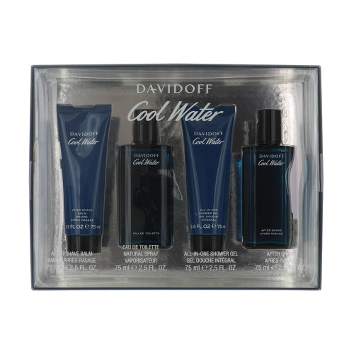 Cool Water By Davidoff 4 Piece Set For Men: 2.5 Oz Eau De Toilette Spray, 2.5 Oz After Shave Balm, 2.5 Oz All-In-One Shower Gel, 2.5 Oz After Shave For Men - Gift Set (3616304957550)