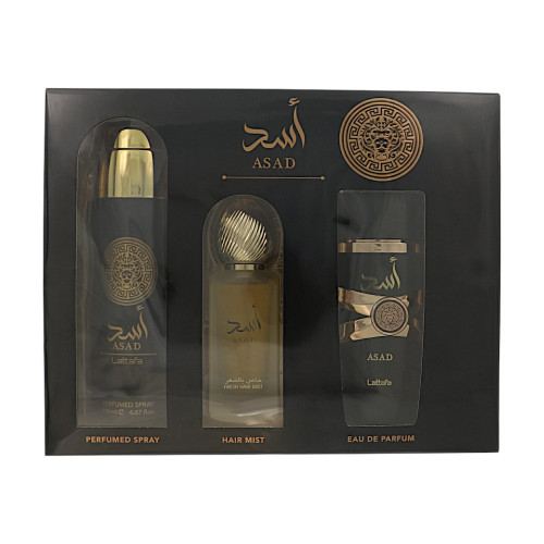 Asad By Lattafa 3 Piece Gift Set For Men - 3.4 Oz Eau De Parfum Spray, 1.7 Oz Hair Mist, 6.67 Oz Perfumed Spray For Men - Gift Set (6290362340126)
