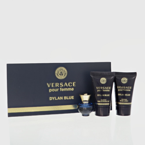 Dylan Blue By Versace 3 Piece Set For Women: 0.17 Oz Eau De Parfum Splash, 0.8 Oz Bath & Shower Gel, 0.8 Oz Body Lotion For Women - Gift Set (8011003842834)