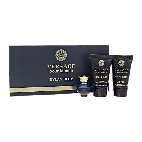 Dylan Blue By Versace 3 Piece Set For Women: 0.17 Oz Eau De Parfum Splash, 0.8 Oz Bath & Shower Gel, 0.8 Oz Body Lotion For Women - Gift Set (8011003842834)