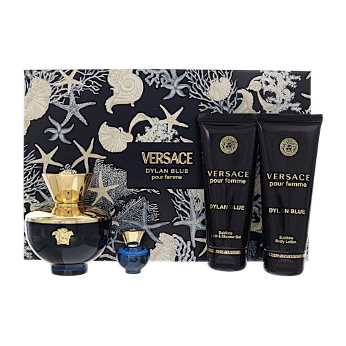 Dylan Blue By Versace 4 Pc Gift Set - 3.4Oz Edp Spray, 0.17Oz Edp Splash, 3.4Oz Body Lotion, 3.4Oz Bath & Shower Gel Oz For Women - Gift Set (8011003900497)