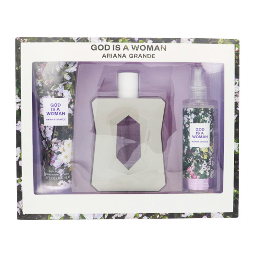 God Is A Woman By Ariana Grande 3 Piece Set For Women: 3.4 Oz Eau De Parfum Spray, 4 Oz Body Mist, 3.4 Oz Body Souffle For Women - Gift Set (810101501685)