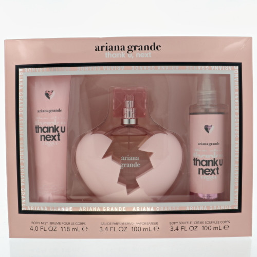 Thank U,Next By Ariana Grande 3 Piece Set For Women: 3.4 Oz Eau De Parfum Spray, 4 Oz Body Mist, 3.4 Oz Body Souffle For Women - Gift Set (810101506031)
