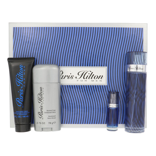 Paris Hilton By Paris Hilton 4 Piece Set For Men: 3.4 Oz Eau De Toilette Spray, 0.25 Oz Eau De Toilette Spray, 3 Oz Hair & Body Wash, 2.75 Oz Alcohol Free Deodorant Stick For Men - Gift Set (608940569467)