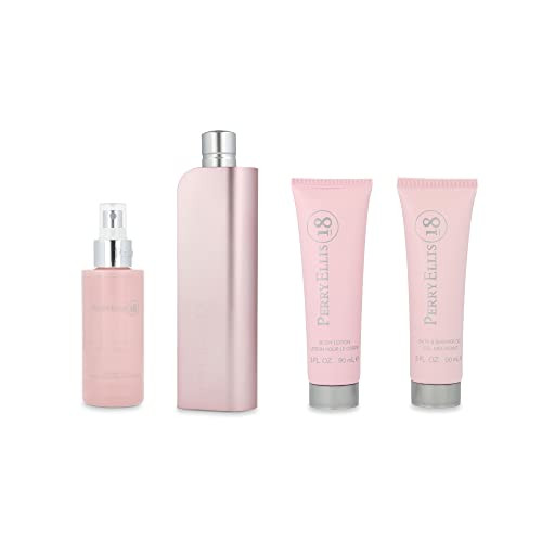 Perry Ellis 18 By Perry Ellis 4 Piece Set For Women: 3.4 Oz Eau De Parfum Spray, 4 Oz Body Mist Spray, 3 Oz Bath & Shower Gel, 3 Oz Body Lotion For Women - Gift Set (844061016620)
