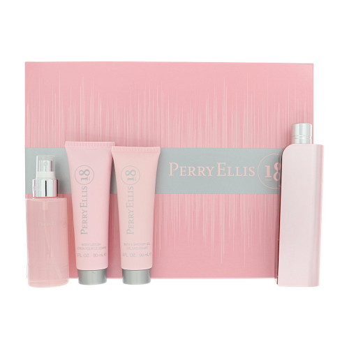 Perry Ellis 18 By Perry Ellis 4 Piece Set For Women: 3.4 Oz Eau De Parfum Spray, 4 Oz Body Mist Spray, 3 Oz Bath & Shower Gel, 3 Oz Body Lotion For Women - Gift Set (844061016620)