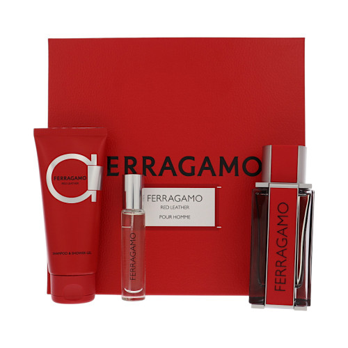Red Leather By Salvatore Ferragamo 3 Piece Set For Men: 3.4 Oz Eau De Parfum Spray, 0.34 Oz Eau De Parfum Spray, 3.4 Oz Shampoo And Shower Gel For Men - Gift Set (8052464896332)