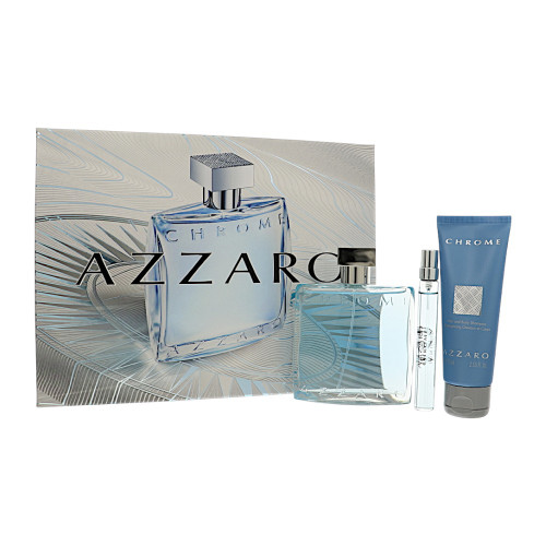 Chrome By Azzaro 3 Piece Set For Men: 3.38 Oz Eau De Toilette Spray, 0.33 Oz Eau De Toilette Spray, 2.53 Oz Shampoo For Men - Gift Set (3605973073678)