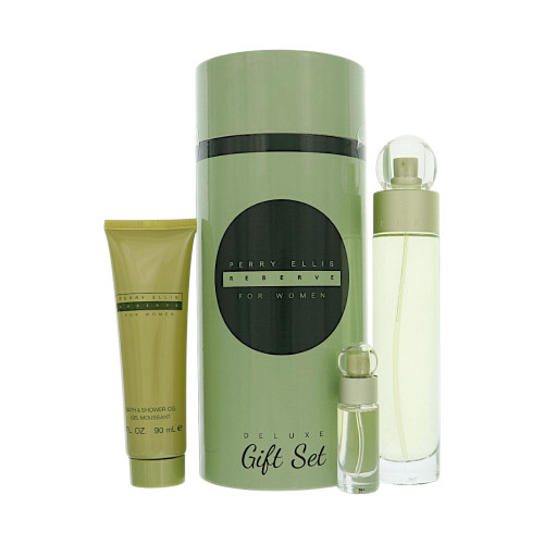 Reserve By Perry Ellis 3 Piece Set For Women: 3.4 Oz Eau De Parfum Spray, 0.25 Oz Eau De Parfum Spray, 3 Oz Bath & Shower Gel For Women - Gift Set (844061016347)