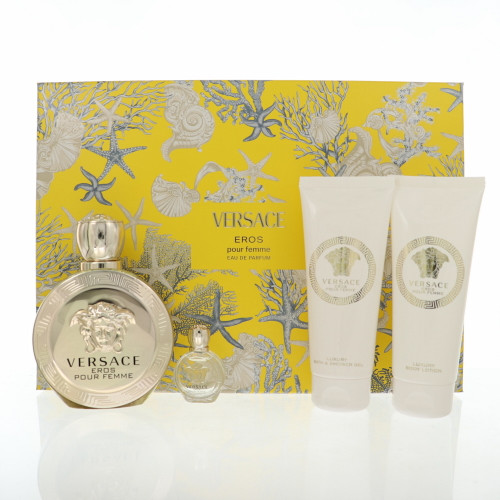 Versace Eros Pour Femme By Versace 4 Piece Gift Set - 3.4 Oz Eau De Parfum Spray ,0.17 Oz Eau De Parfum Spray ,3.4 Oz Bath & Shower Gel ,3.4 Oz Body Lotion For Women - Gift Set (8011003899876)