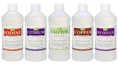5 Bottle Starter Pak - Iodine, Lithium, Calcium, Copper and Molybdenum come in 8 ounce bottles.