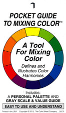 The Pocket Guide to Mixing Color. 3 x 5"
This accordion-fold tool is the pocket version of our popular circular color wheel and contains all the information on the wheel, plus more!
Includes: Gray Scale,Tints, Tones, Shades and Results of Mixing Colors. Illustrates Complementary, Split Complementary and Triadic Color Harmonies with definitions. Front is UV coated, back is not so you can paint your own colors in the palette.Clear case included.