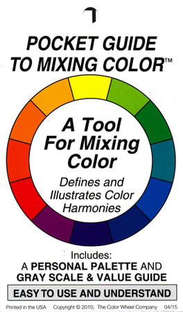 The Pocket Guide to Mixing Color. 3 x 5"
This accordion-fold tool is the pocket version of our popular circular color wheel and contains all the information on the wheel, plus more!
Includes: Gray Scale,Tints, Tones, Shades and Results of Mixing Colors. Illustrates Complementary, Split Complementary and Triadic Color Harmonies with definitions. Front is UV coated, back is not so you can paint your own colors in the palette.Clear case included.